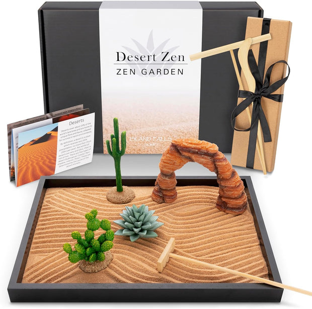 Desert Zen Garden Kit. Home Cactus Decor. 11X8 Sand Tray. 4 Artifical Desert Features, Brown Sand, 3 Handcrafted Wood Tools. Desert Decor Mini Zen Garden for Desk. Southwestern Decor