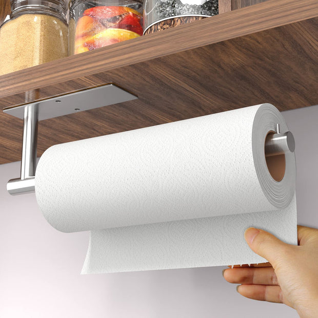 Paper Towel Holder under Cabinet - Self-Adhesive or Drilling, Paper Towel Holder Wall Mount, Towel Rack for Kitchen Organization and Storage, Stainless Steel Kitchen Paper Roll Holder