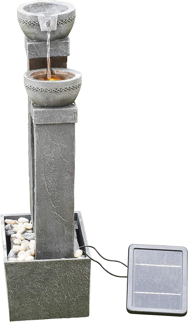 Teamson Home Solar Powered Water Feature, Indoor or Outdoor Garden Water Fountain, Indoor Waterfall with Battery Back up and LED Lights, 3 Tier, Grey