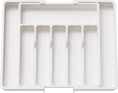Cutlery Drawer Organiser, Expandable Utensil Tray for Kitchen, Adjustable Silverware and Flatware Holder, Compact Plastic Storage for Spoons Forks Knives, Large, White
