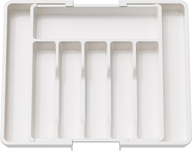 Cutlery Drawer Organiser, Expandable Utensil Tray for Kitchen, Adjustable Silverware and Flatware Holder, Compact Plastic Storage for Spoons Forks Knives, Large, White