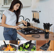 Kitchen Utensil Set,  22 Pieces Silicone Cooking Utensils Set, Natural Wooden Handles Cooking Tool BPA Free Non Toxic Non Stick Heat Resistant Silicone Kitchen Gadgets Utensil Set, Black 01