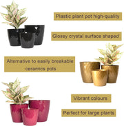 Grey Plant Pots Indoor Set of 3 Sizes 20/25/30Cm – Large Plant Pot with Glossy Crystal Surface – Decorative Flower Pot Big – Plastic Flower Pots outside (Grey Crystal)