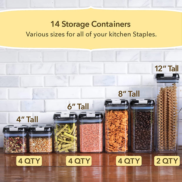 Food Storage Containers - 14 Piece Sugar, Cereal & Flour Container Set W/Lids for Kitchen and Pantry Organization - Includes 32 Labels, 1 Marker