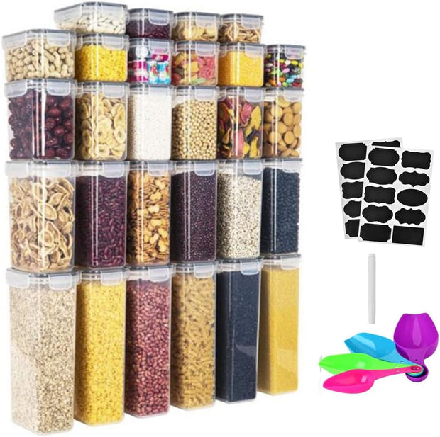 15Pcs Cereal Storage Containers Set Plastic Airtight Food Storage Container Kitchen Storage Containers with Lids,Reusable Labels,Marker,Spoon Ideal for Flour Cereal Spaghetti Pasta 2.8L 2L 1.4L 0.8L
