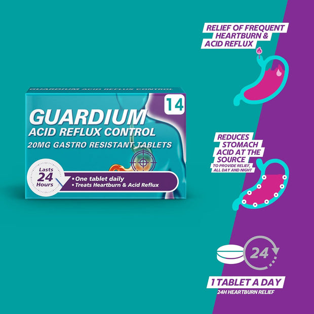 Guardium by , 24-Hour Heartburn, Indigestion and Acid Reflux Relief, Gastro-Resistant Esomeprazole Tablets, 20 Mg, 14 Tablets