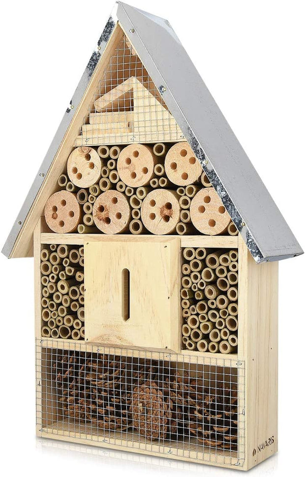 XL Wooden Insect Hotel - 23 X 40 X 7 Cm - Natural Wood Insect Home - Garden Shelter Bamboo Nesting Habitat - Bees Butterflies Ladybugs Insects