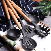 Kitchen Cooking Utensils Set, 24 Pcs Non-Stick Silicone, Spatula Set with Holder, Wooden Handle Heat Resistant Kitchen Gadgets (Black)