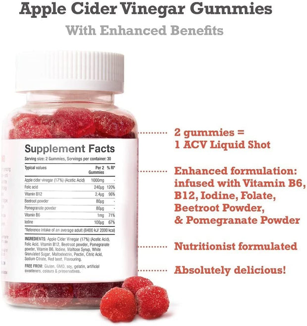 Apple Cider Vinegar Gummies with the Mother 1000Mg Enhanced with Vitamin B12 & Folic Acid | 60 High Strength ACV Vegan Capsules with Pomegranate & Beetroot Powder | Natural Ingredients |