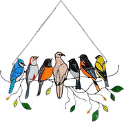 Stained Glass Window Hangings Double Sided 7 Multicolor Bird Ornaments Hanger on a Branch Gifts for Bird Lover Metal Suncatcher for Window Home Garden Outdoor Wall Fence Decorations