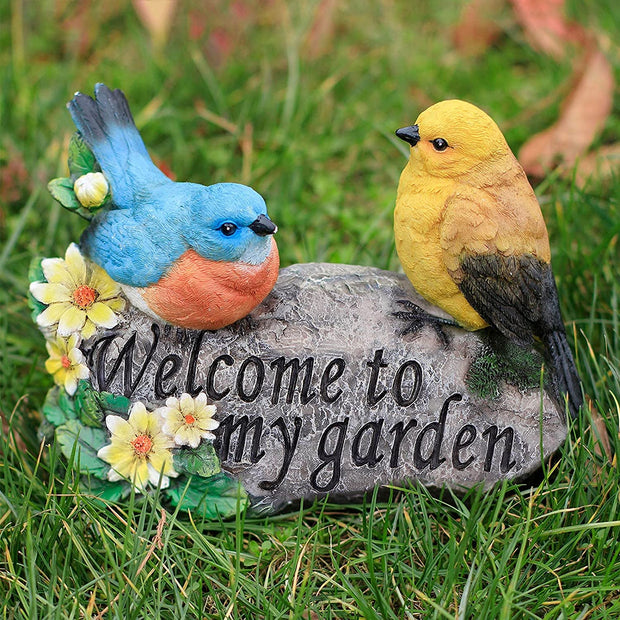 Garden Ornaments Outdoor, Garden Sculptures Statues Welcome Sign Robin Birds Novelty Figurine Decorations for Patio Yard Porch Art Home Decor