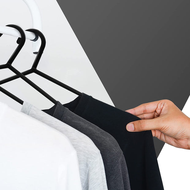 Adult Plastic Coat Hangers - 25Pk, Black Colour, Strong Clothes Hangers for Clothes Rail & Closet, Clothing Hanger with Suit Pants Trouser Bar and Clips, Space Saving, 37.5 Cm Wide