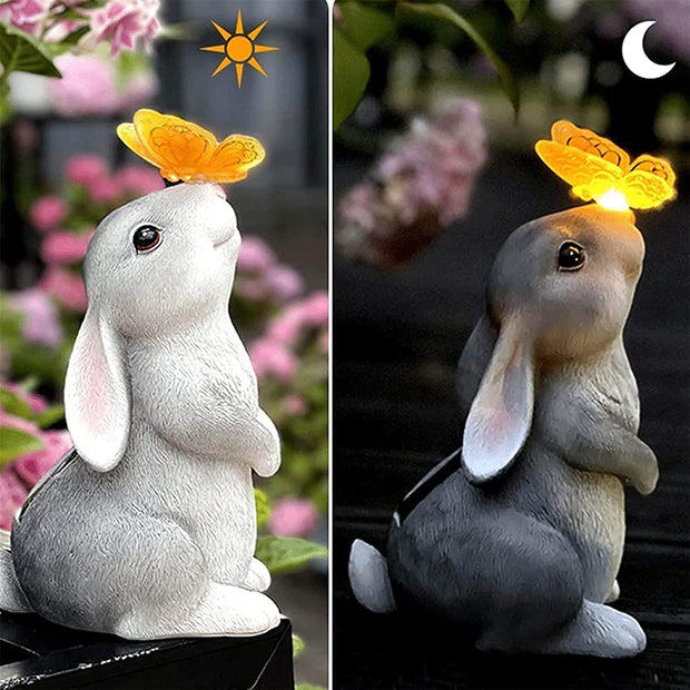 Solar Garden Rabbit Statue Outdoor Ornament, Butterfly on Rabbit- for Home Lawn Decor Garden Animal Figurine for Patio,Balcony,Yard,Lawn, Innovative Gift, 26Cm*15Cm*16Cm