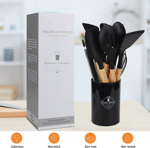 Kitchen Utensil Set,  22 Pieces Silicone Cooking Utensils Set, Natural Wooden Handles Cooking Tool BPA Free Non Toxic Non Stick Heat Resistant Silicone Kitchen Gadgets Utensil Set, Black