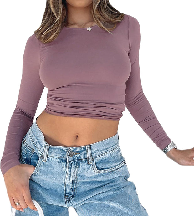 Women Crewneck Skinny Shirt Long Sleeve Basic Slim Fit Crop Tops Solid Tight Tee Shirts Fashion Streetwear Y2K