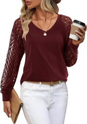 Womens Lace Long Sleeve Tops Plain V Neck T Shirts Loose Casual Blouse Dressy Tunic Shirt