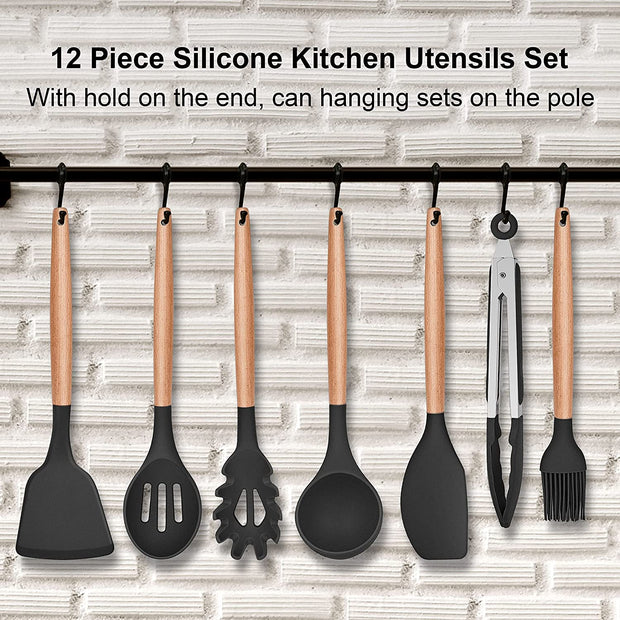 Kitchen Utensils Set,  12 Piece Silicone Utensil with Holder, Heat Resistant Cooking Utensils with Wooden Handle for Non Stick Cookware Pans, Silicone Kitchen Gadgets Tool Set (Black)