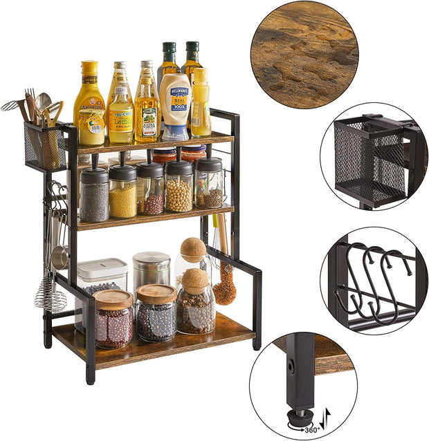 Kitchen Spice Rack with Wire Basket, Countertop Shelf for Cabinet, Desktop Organiser with 6 Hooks, Storage Seasoning Rack for Spices, Jars, Oil Bottles, Rustic Brown HSR006H