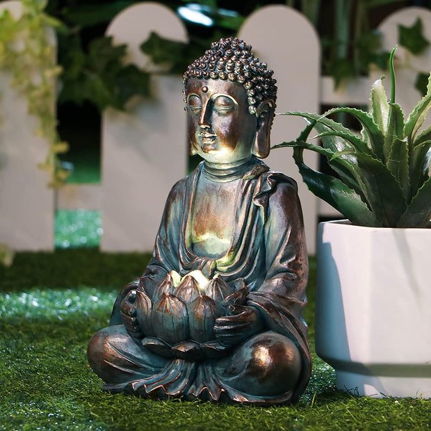 Bronze Meditating Lotus Buddha Garden Ornaments with Solar Lights, Zen Buddhism Garden Statues and Figurines for Outdoor Garden Gifts, 12.6Inch/32Cm Tall