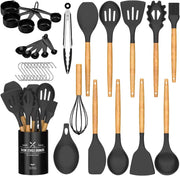 Kitchen Cooking Utensils Set, 24 Pcs Non-Stick Silicone, Spatula Set with Holder, Wooden Handle Heat Resistant Kitchen Gadgets (Black)