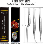 Rivoean Kitchen Cooking Tweezers Culinary,3 Piece Set Stainless Steel Tweezer Precision Tongs Offset Tip for Cooking Food Design Styling(6.3-Inch)