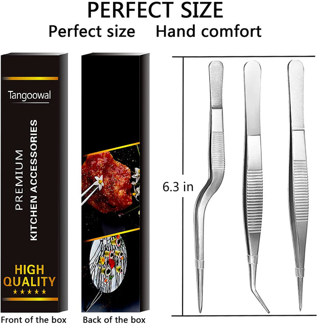 Rivoean Kitchen Cooking Tweezers Culinary,3 Piece Set Stainless Steel Tweezer Precision Tongs Offset Tip for Cooking Food Design Styling(6.3-Inch)