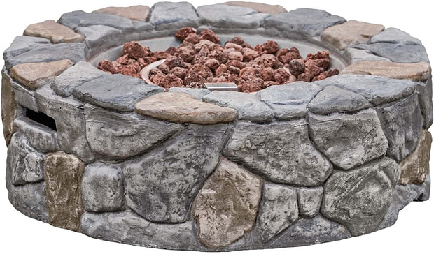 Outdoor Garden round Propane Gas Fire Pit Table Burner, Smokeless Firepit, Patio Furniture Heater, Stone Effect with Lava Rocks & Cover