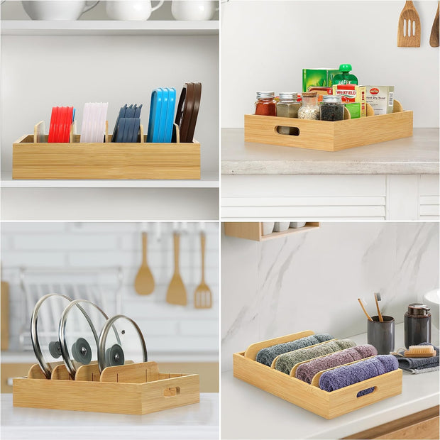 Bamboo Lid Organiser for Plastic Lids - Kitchen Drawer Organisers and Storage for Pot & Pan Covers, Food Containers - 5 Adjustable Dividers, Carved Handles - Home Organisation Must Haves