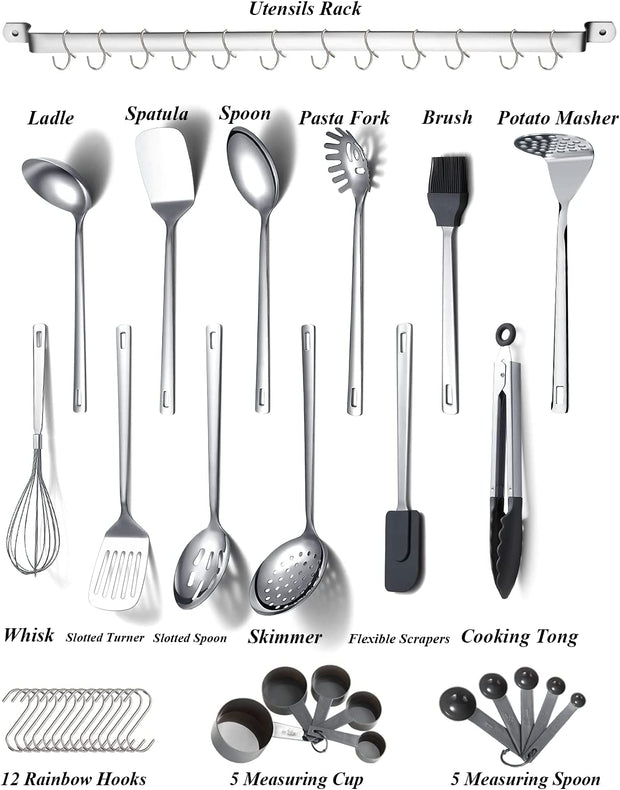 Stainless Steel Cooking Utensils Set, 37 Pieces Kitchen Utensils Set,Kitchen Gadgets Cookware Set,Kitchen Tool Set with Utensil Holder Non-Stick and Heat Resistant.Dishwasher Safe