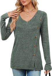 Womens V Neck Jumpers Casual Long Sleeve Tops Lightweight Knit Jumper Tunic with Button Front