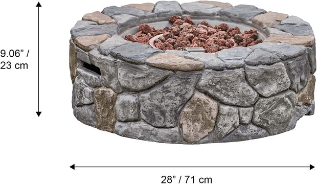 Outdoor Garden round Propane Gas Fire Pit Table Burner, Smokeless Firepit, Patio Furniture Heater, Stone Effect with Lava Rocks & Cover
