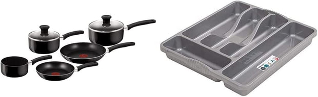 Essential, Aluminium Pots and Pans Set, 16 Cm, 18 Cm and 20 Cm Saucepans with Lids, 20 Cm and 24 Cm Frying Pans, Black, B372S544