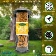 Oakdale Wild Bird Feeder Pre-Filled with Premium Seeds, Large Hanging Metal Frame with Dual Perches, Refillable Lawn and Garden Outdoor Use, Enjoy Birdwatching or Birding