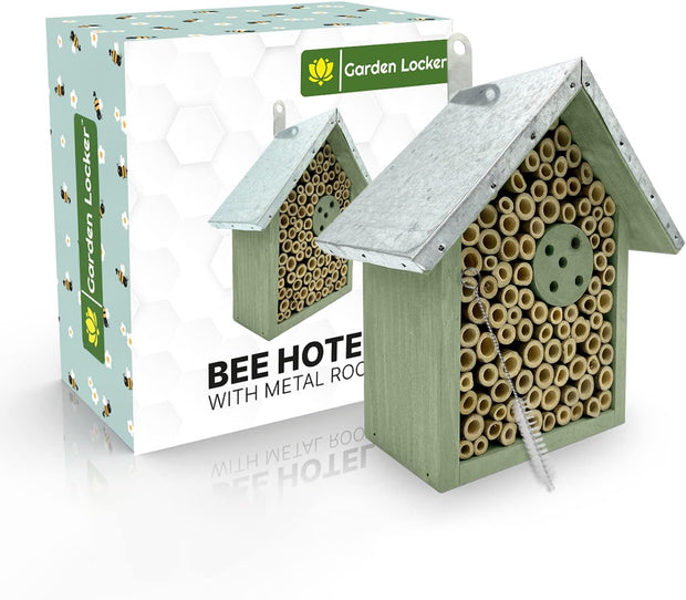 Garden Locker Wild Bee House Insect Home Bug Hotel in Green with Metal Roof Small Bug House with Cleaning Brush & Gift Box Attracts Bees, Butterflies & Many Other Bugs & Insects