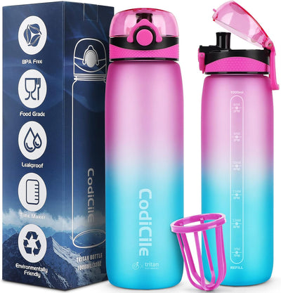 Water Bottle 1L Tritan,Bpa Free 1 Litre Water Bottle, Dishwasher Safe Sports Water Bottle, Leakproof Drinks Bottle with Time Marking and Filter for Running,Gym, School,Outdoors