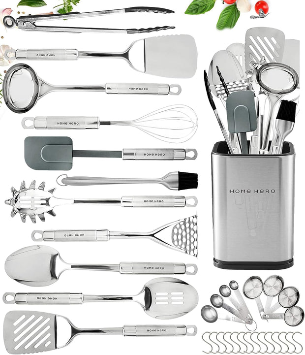 Kitchen Utensils Set - Non-Stick Heat Resistant Cooking Utensils Set - Spoons Turners Spatula Ladle Set - Kitchen Tools Gadgets Accessories (25 Pcs Nylon Set - Black)