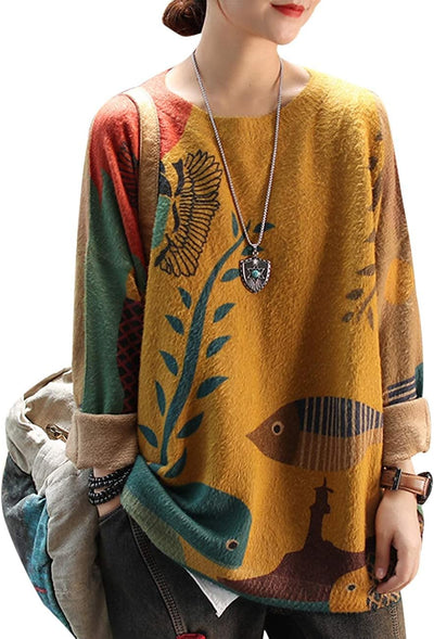 Women Long Sleeve Jumpers Oversized Graphic Knitted Sweater Crew Neck Loose Vintage Pullover Sweater Tops S01UK
