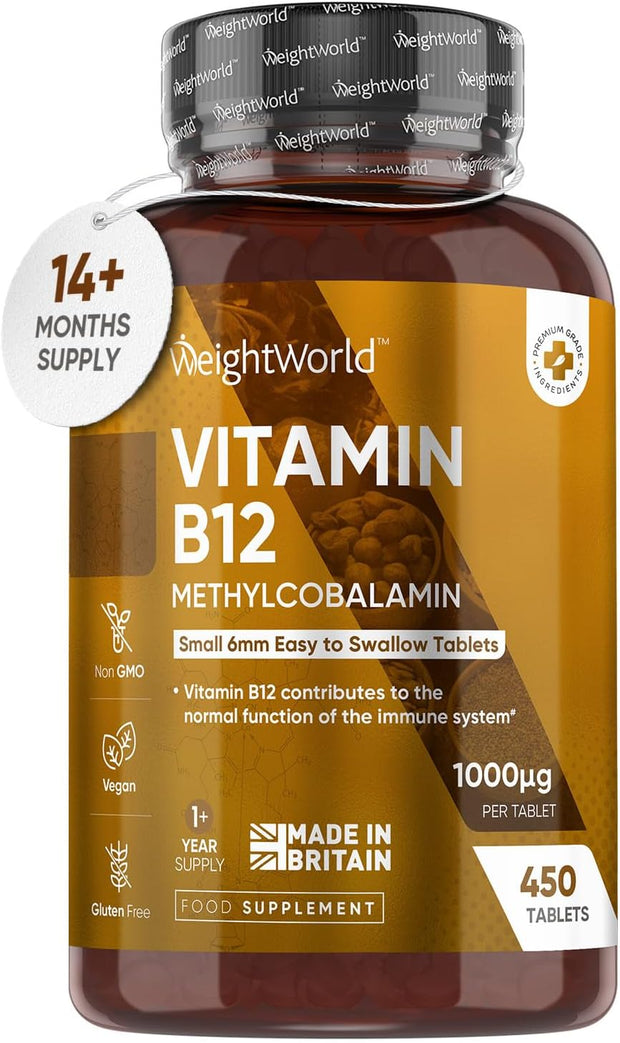 Vitamin B12 Tablets High Strength – 1000Mcg Vegan B12 Supplement – 450 Pure Methylcobalamin Tablets (14+ Months Supply) – Tiredness and Fatigue Tablets – Immunity Supplements – GMP Approved