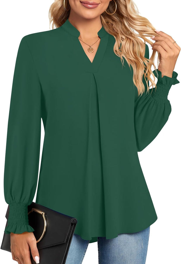 Womens Blouses Fashion 2023 Long Sleeve V Neck Loose Casual Shirts Chiffon Tops with Smocked Cuffs