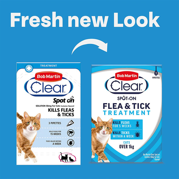 Clear | Spot on Flea Treatment for Cats & Ferrets | Kills Fleas & Ticks | Fast Control, 15 Week Protection | (3 Pipettes)