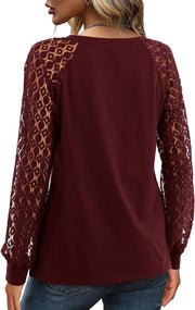 Womens Lace Long Sleeve Tops Plain V Neck T Shirts Loose Casual Blouse Dressy Tunic Shirt