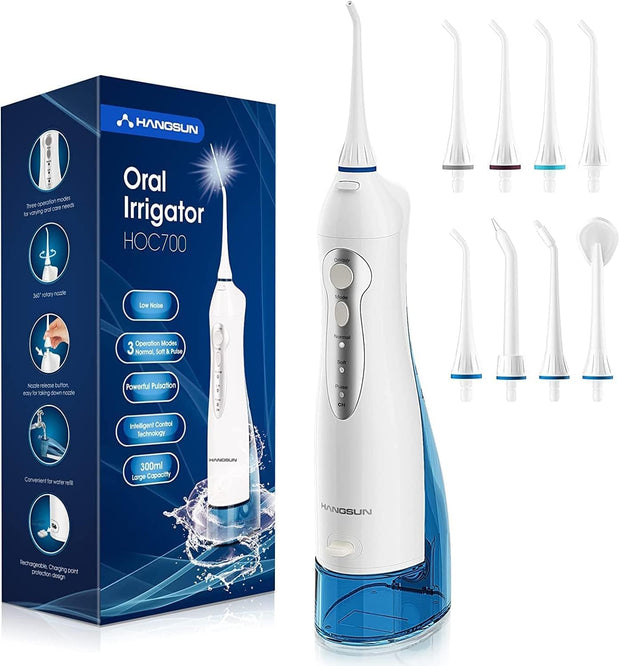Water Flosser Cordless Oral Irrigator Rechargeable Dental Water Jet HOC700 for Teeth Braces with 300ML Water Tank and 8 Jet Tips for Travel & Home Use