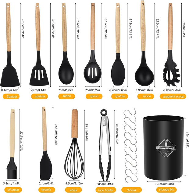 Kitchen Utensil Set,  22 Pieces Silicone Cooking Utensils Set, Natural Wooden Handles Cooking Tool BPA Free Non Toxic Non Stick Heat Resistant Silicone Kitchen Gadgets Utensil Set, Black 01