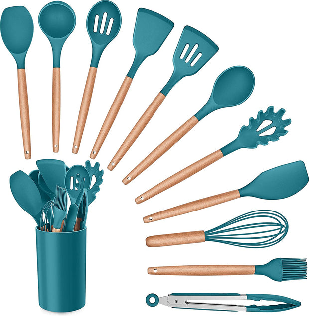 Kitchen Utensils Set,  12 Piece Silicone Utensil with Holder, Heat Resistant Cooking Utensils with Wooden Handle for Non Stick Cookware Pans, Silicone Kitchen Gadgets Tool Set (Black)