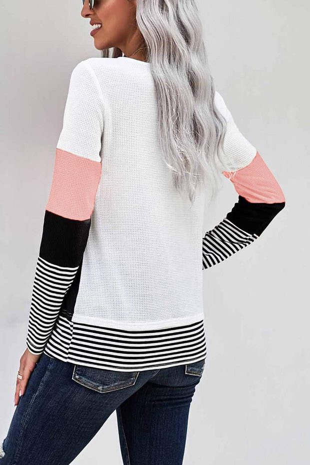 Ladies Long Sleeve Oversized T Shirt Striped Crewneck Pullover Tunic Patchwork Tops