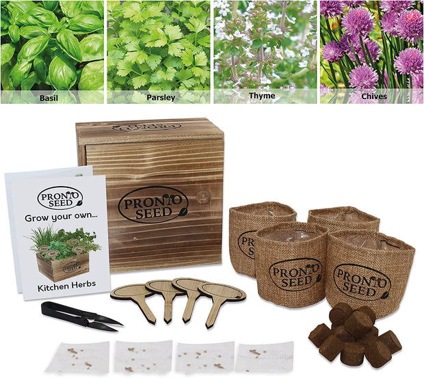 Grow Your Own Kitchen Herbs Kit - Contains 4 Seed Varieties (Basil, Thyme, Chives and Parsley). Ideal Gardening Gift for Women and Men Packaged in Reusable Wooden Gift Box