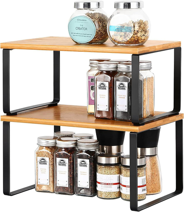Kitchen Cabinet Organiser Set of 2 Bamboo Kitchen Storage Shelves for Cupboard Countertop Spice Rack Expandable and Stackable with Black Metal Frame 2 Packs
