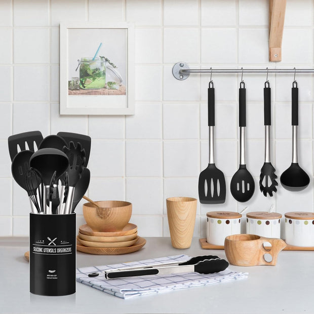 33 Pcs Kitchen Utensil Set, Silicone Cooking Utensils Set with Stainless Steel Handle, Food Grade and Heat Resistant Cookware, Silicone Spatula Turner Tongs (Black)