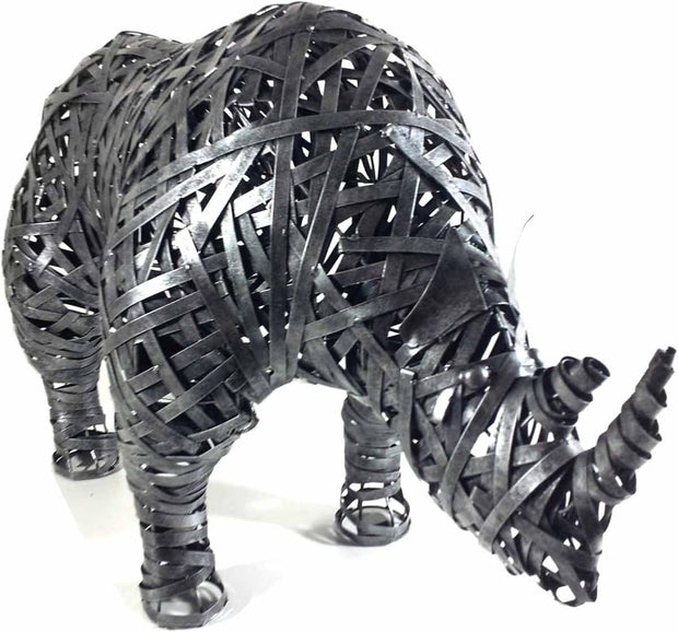 Home or Garden Metal Ornament Sculpture - Large Grey Weave Rhino