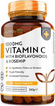 Vitamin C 1000Mg – 180 Premium Vegan & Vegetarian Tablets – 6 Month Supply – High Strength Ascorbic Acid – with Added Bioflavonoids & Rosehip – for Normal Immune System – Made in the UK by
